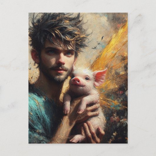 赤ん坊の豚を持つ男性の妖精 ポストカード (正面)