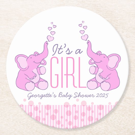 赤ん坊は2頭の象をシャワーそれは女の子コースターだ ラウンドペーパーコースター (正面)