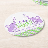 赤ん坊は2頭の象を緑の紫でシャワー ラウンドペーパーコースター (アングル)