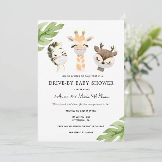 赤ん坊シャワーでマスクをつけた赤ん坊の動物 招待状 (スタンド正面)