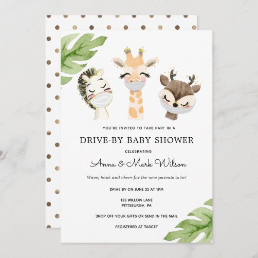 赤ん坊シャワーでマスクをつけた赤ん坊の動物 招待状 (正面/裏面)