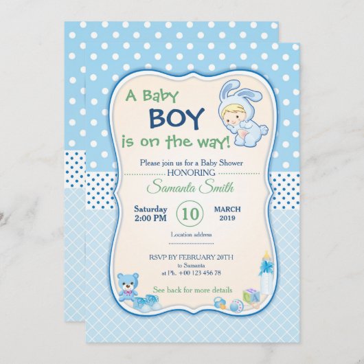 赤ん坊シャワーの誘い、それは男の子だ 招待状 (正面/裏面)