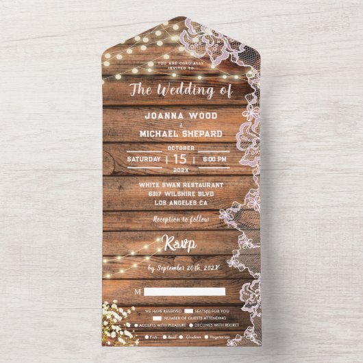 赤ん素朴坊の息ひもがレースの光を結婚放つ オールインワン招待状 (内側)