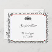 赤アクセント付き白黒ダマスクRSVP インビテーションポストカード (正面/裏面)