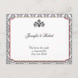 赤アクセント付き白黒ダマスクRSVP インビテーションポストカード