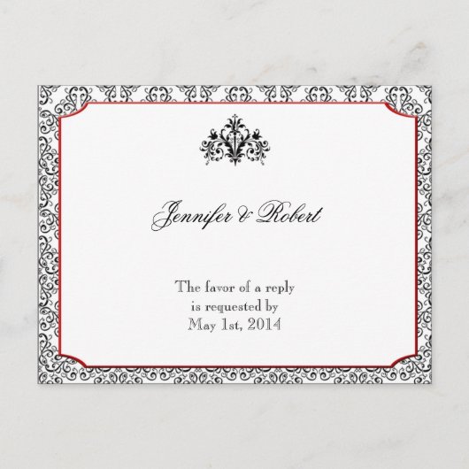 赤アクセント付き白黒ダマスクRSVP インビテーションポストカード (正面)