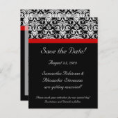 赤アクセント付き黒いダマスク日付を保存 案内ポストカード (正面/裏面)