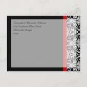 赤アクセント付き黒いダマスク日付を保存 案内ポストカード (裏面)