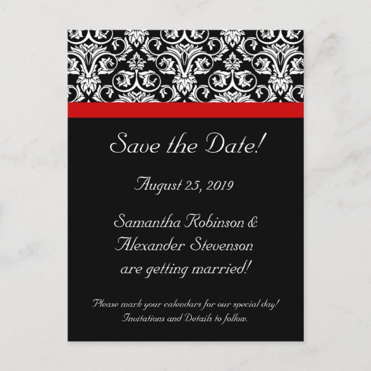 赤アクセント付き黒いダマスク日付を保存 案内ポストカード (正面)