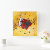 赤アコーディオンと音符 スクエア壁時計 (ホーム)