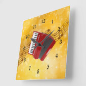 赤アコーディオンと音符 スクエア壁時計 (傾斜)