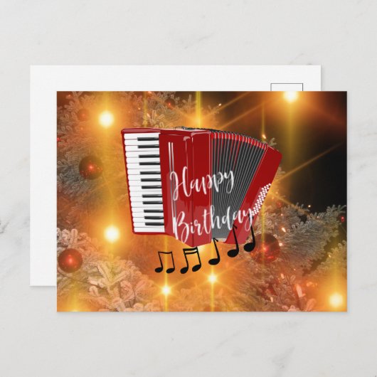 赤アコーディオン、ハッピーバースデー挨拶 ポストカード (正面/裏面)