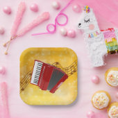 赤アコーディオン、金ゴールド背景の音符 ペーパープレート (パーティー)