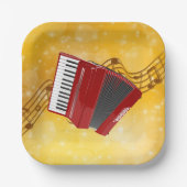 赤アコーディオン、金ゴールド背景の音符 ペーパープレート (正面)