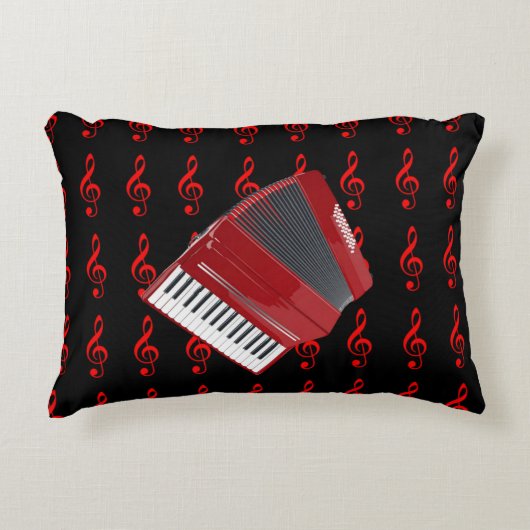 赤アコーディオン、黒い背景の赤いクレフ、 音符記号 アクセントクッション (正面)