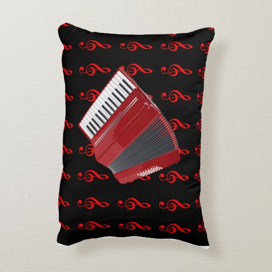 赤アコーディオン、黒い背景の赤いクレフ、 音符記号 アクセントクッション (裏面(縦))