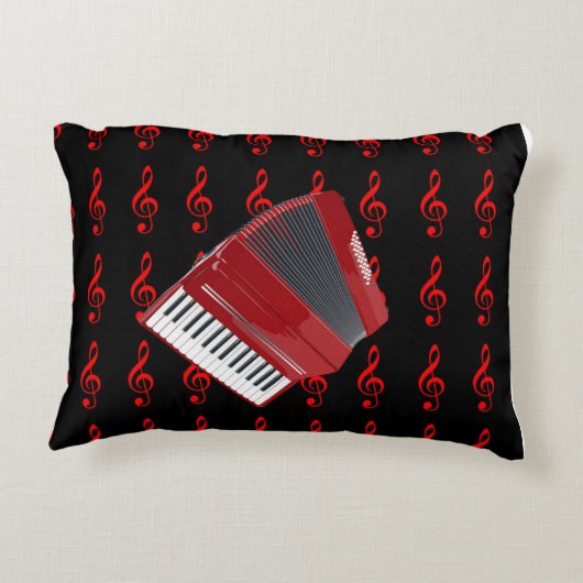 赤アコーディオン、黒い背景の赤いクレフ、 音符記号 アクセントクッション (裏面)