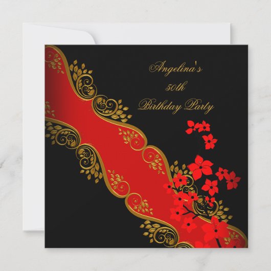 赤アジア黒花金色誕生日パーティー 招待状 (正面)