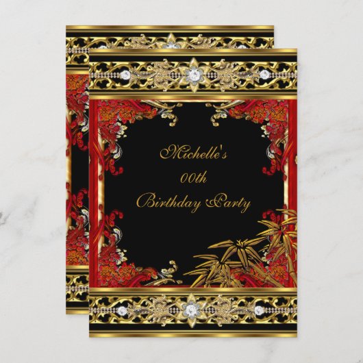 赤アジエレガントア金ゴールド竹バースデーパーティー 招待状 (正面/裏面)