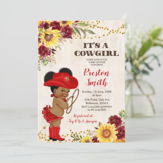 赤アフリカ女性のカーボーイバラとヒマワリ赤ちゃんシャワー 招待状 (スタンド正面)