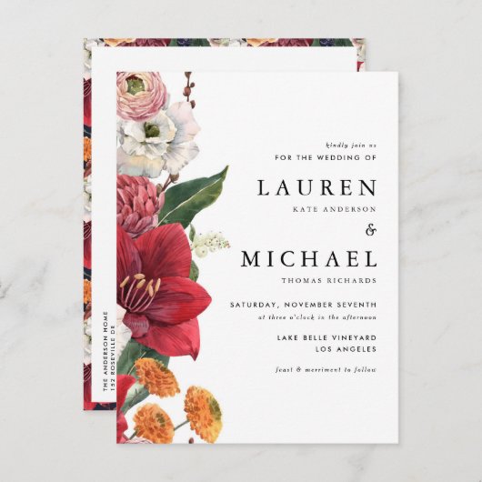 赤アマリリスと秋のフローラQRコード結婚ズ インビテーションポストカード (正面/裏面)