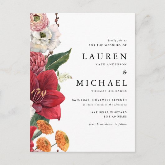 赤アマリリスと秋のフローラQRコード結婚ズ インビテーションポストカード (正面)