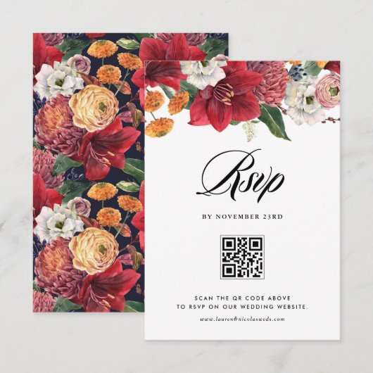 赤アマリリス植物冬季ウェディングQRコード 出欠カード (正面/裏面)