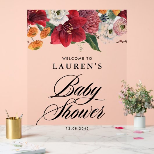 赤アマリリス植物性ベビーシャワーへようこそ アクリルサイン (ウェディング)