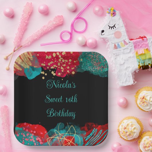赤アルコールインクスウィート16誕生日パーティー ペーパープレート (パーティー)