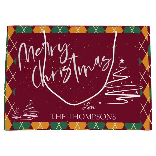 赤アーガイル緑のスクリプエレガントトメリークリスマス ラージペーパーバッグ (正面)