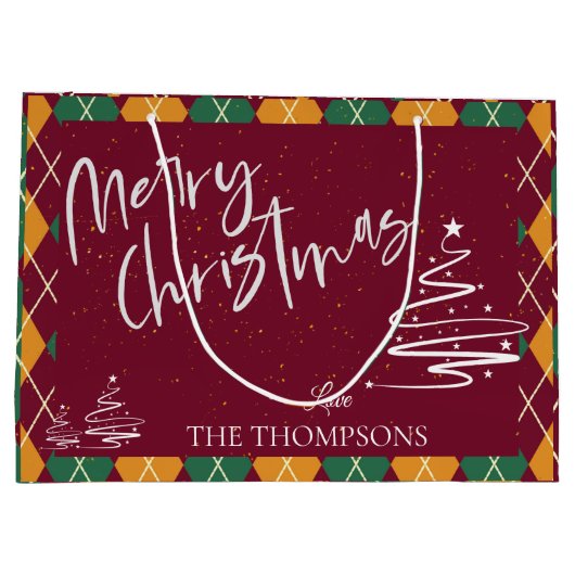 赤アーガイル緑のスクリプエレガントトメリークリスマス ラージペーパーバッグ (裏面)