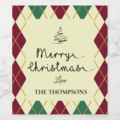 赤アーガイル緑の台本かわいいメリークリスマス ワインラベル (シングルラベル)