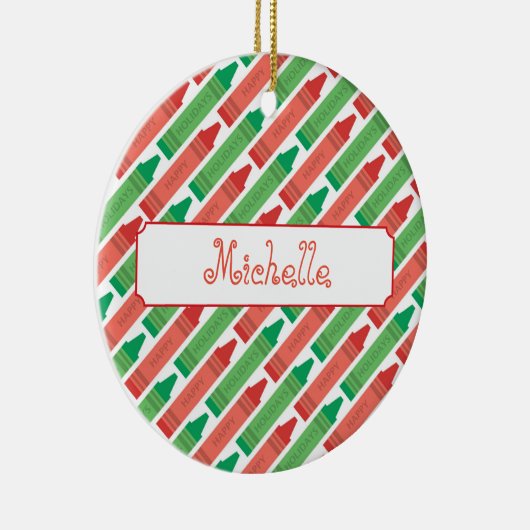 赤アートパーソナライズされたと緑のクレヨン セラミックオーナメント (右)