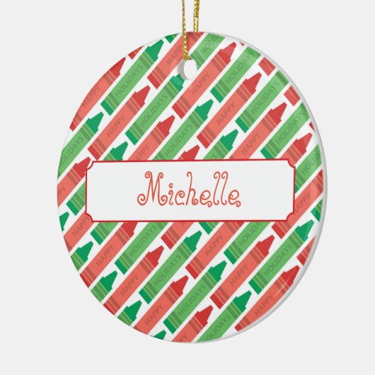 赤アートパーソナライズされたと緑のクレヨン セラミックオーナメント (左)