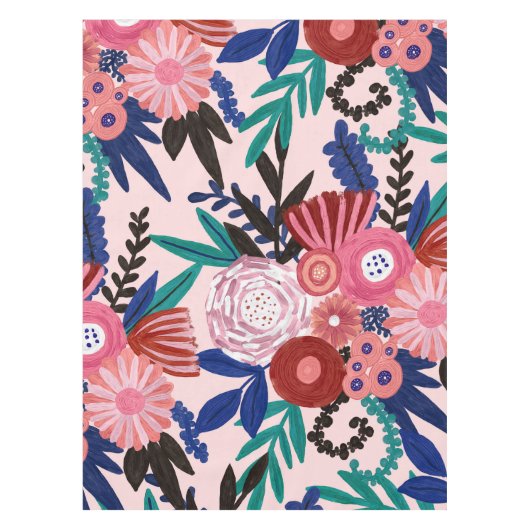 赤アート青アクリル絵を描クの花葉類 テーブルクロス (正面)