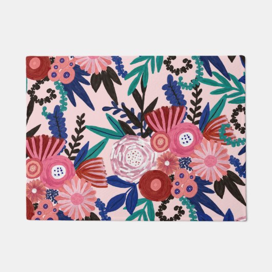 赤アート青アクリル絵を描クの花葉類 ドアマット (正面)