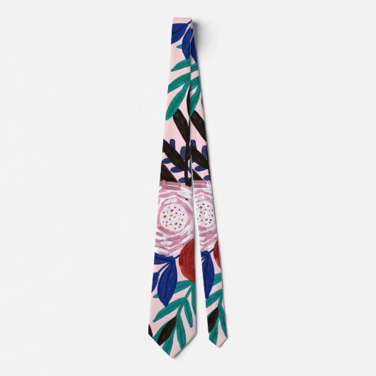 赤アート青アクリル絵を描クの花葉類 ネクタイ (正面)