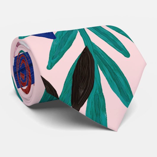 赤アート青アクリル絵を描クの花葉類 ネクタイ (ロール)