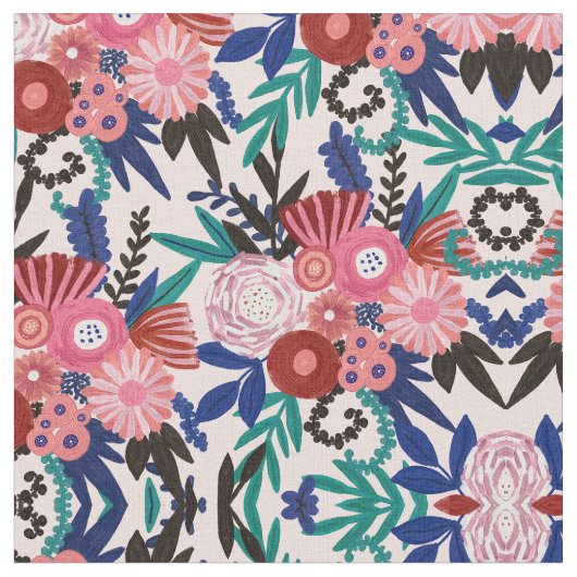 赤アート青アクリル絵を描クの花葉類 ファブリック (クローズアップ)
