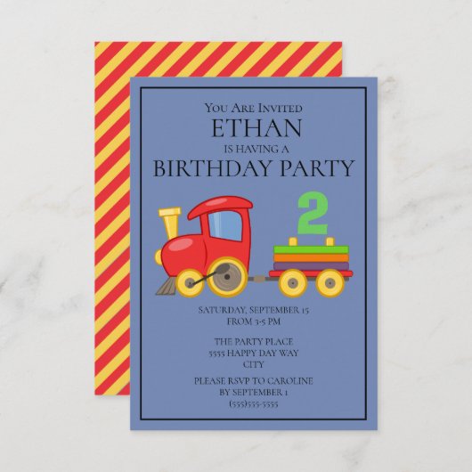 赤イエローブルートレインチャイルドの2歳の誕生日パーティー 招待状 (正面/裏面)