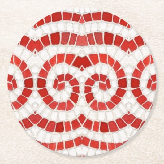 赤イオン性モザイク丸紙コースター ラウンドペーパーコースター (正面)