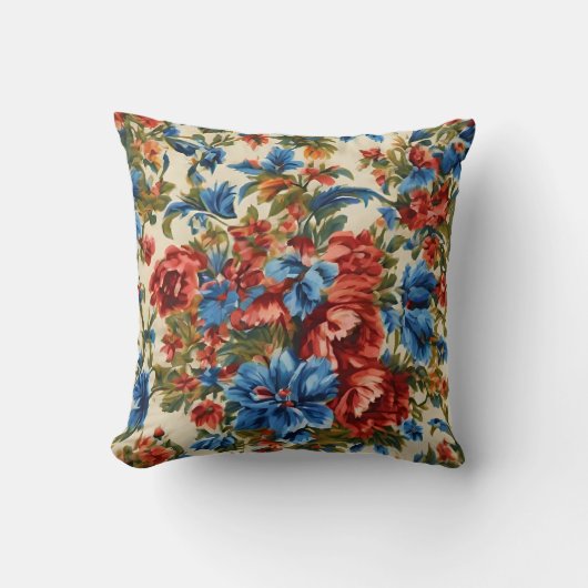 赤イタリアンと青の緑豊かな離れ花 クッション (正面)