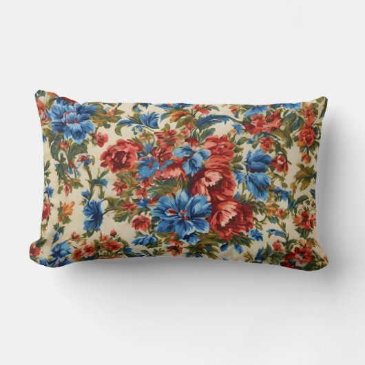 赤イタリアンと青の緑豊かな離れ花 ランバークッション (正面)