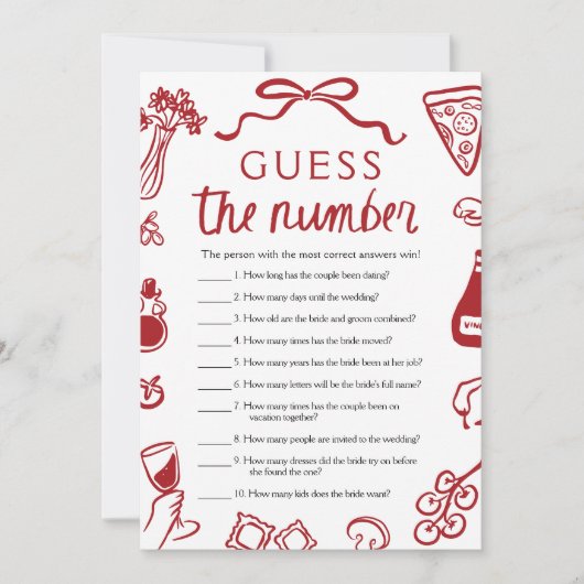 赤イタリアン数字ブライダルシャワーゲーム 招待状 (正面)
