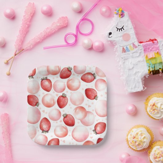 赤イチゴとピンクの風船かわいエレガントい ペーパープレート (パーティー)