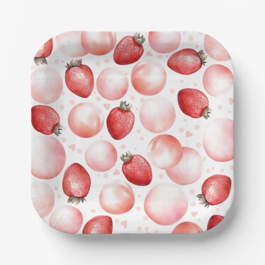 赤イチゴとピンクの風船かわいエレガントい ペーパープレート (正面)