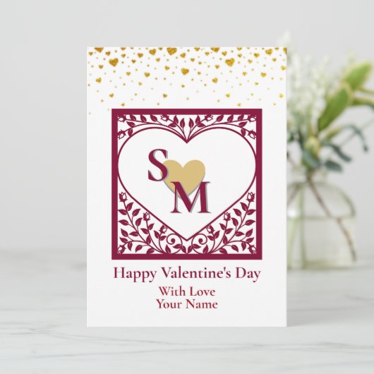 赤イニシャルとゴールドハートのバレンタインデー シーズンカード (スタンド正面)