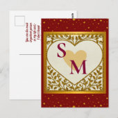 赤イニシャルとゴールドハートのバレンタインデー ポストカード (正面/裏面)