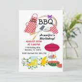赤エプ市松模様にロン及びバーベキューグリル誕生日 招待状 (スタンド正面)