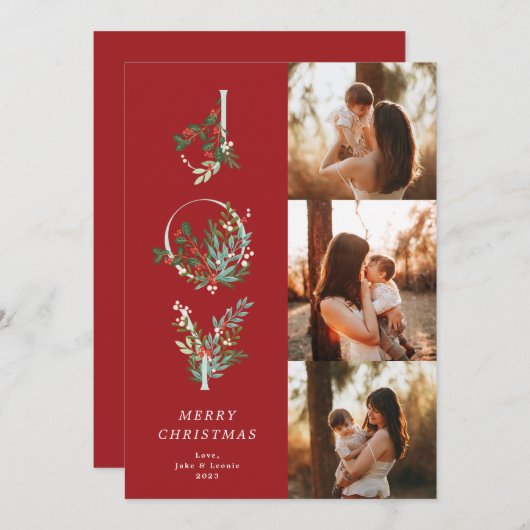 赤エレガントいクリスマス植物学JOY 3写真 シーズンカード (正面/裏面)